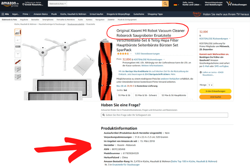 Eine Produktbeschreibung von originalen Ersatzteilen für Roborock Saugroboter ist auf Amazon zu sehen